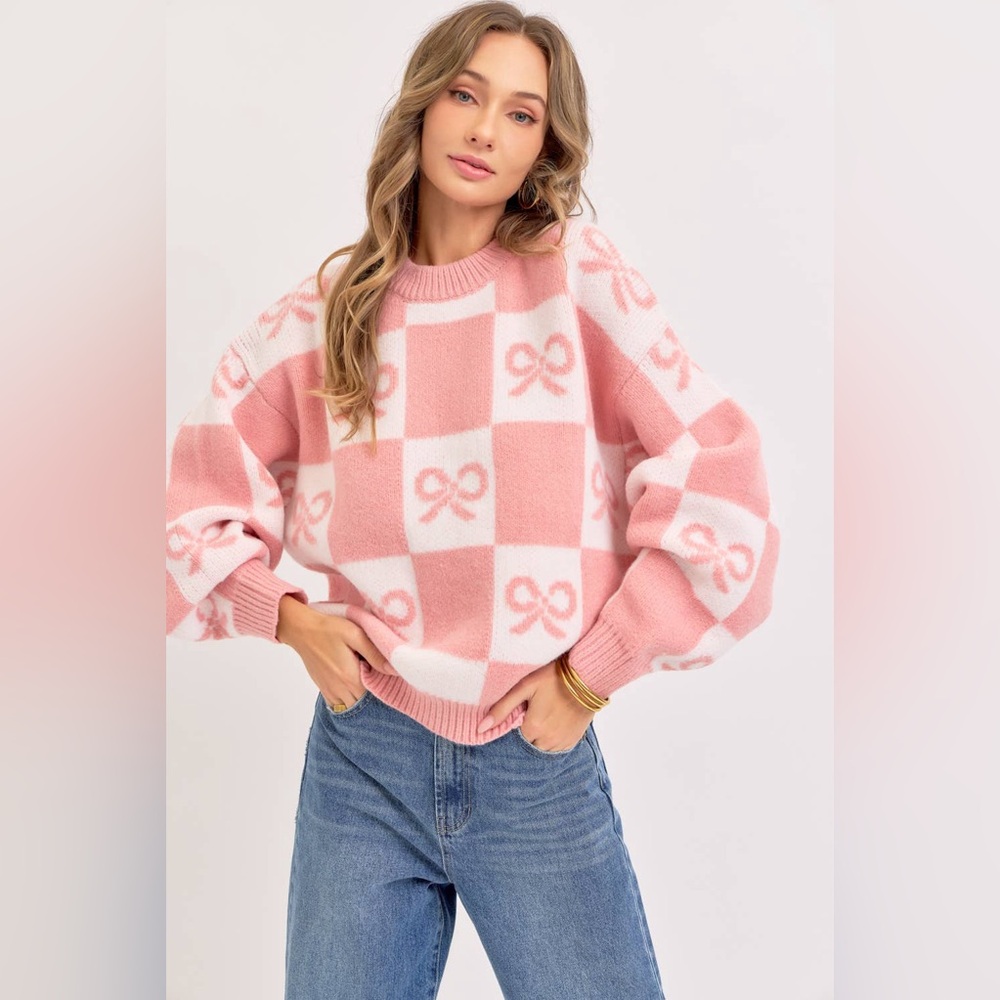 Boutique Brand Pink and White Bow Checkered Sweater